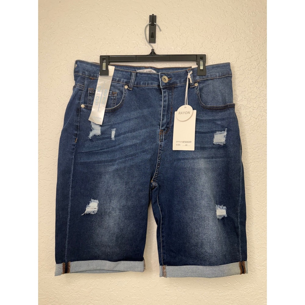 Sandpiper Womens Bermuda Midrise Jegging Shorts Blue Distressed Plus Size 22 NEW